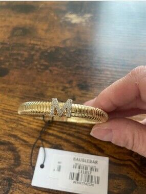 BaubleBar Gold Stretch Bracelet with Crystal 'M' Initial